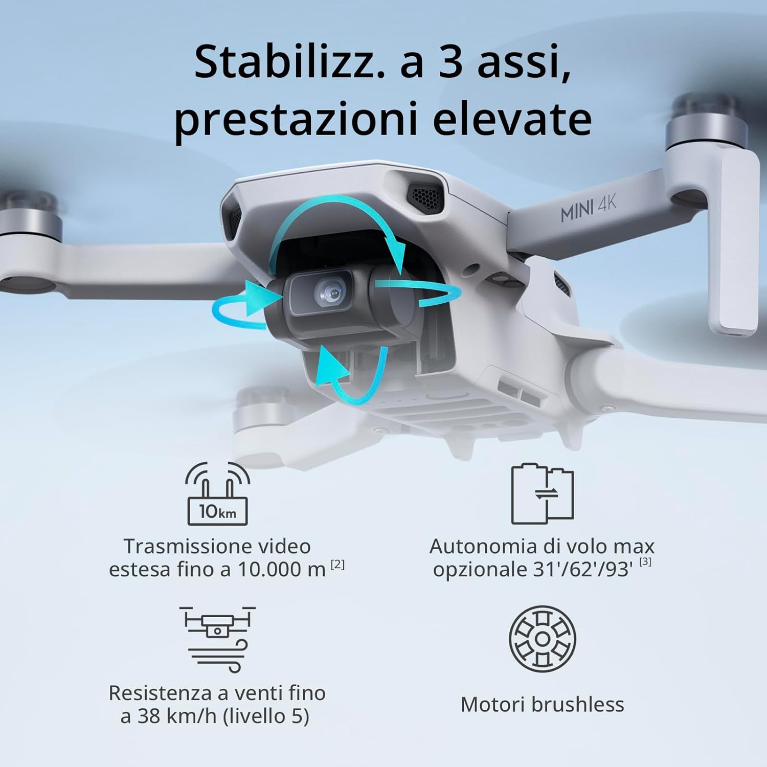 DJI Mini 4K, Drone per adulti, fotocamera 4K HD, Radiocomando RC - N1 Camera UHD < 249 g, stabilizzatore 3 assi, trasmissione video 10 km, return automatico, resistenza al vento, 1 batteria per tempo di volo 31', volo intelligente - eletrosyncstore