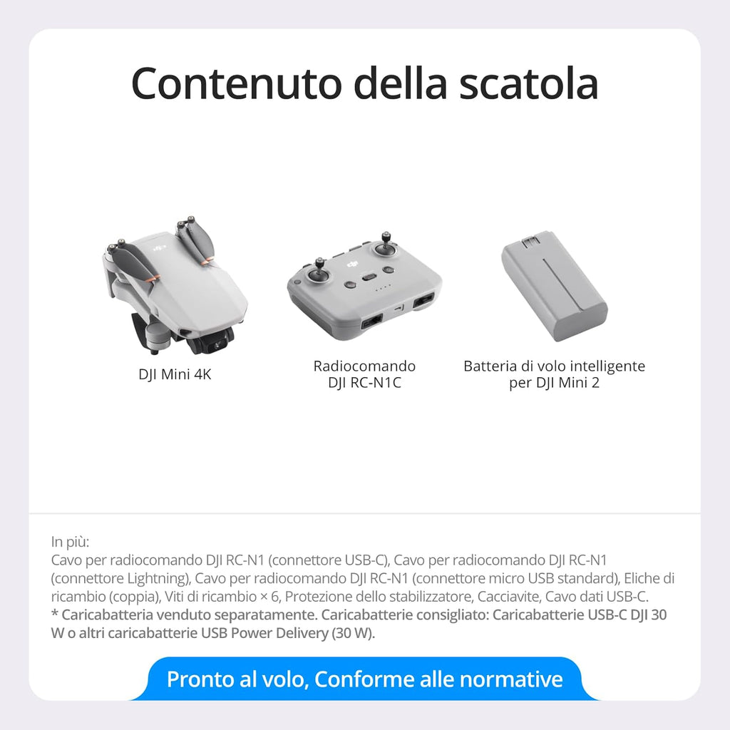 DJI Mini 4K, Drone per adulti, fotocamera 4K HD, Radiocomando RC - N1 Camera UHD < 249 g, stabilizzatore 3 assi, trasmissione video 10 km, return automatico, resistenza al vento, 1 batteria per tempo di volo 31', volo intelligente - eletrosyncstore