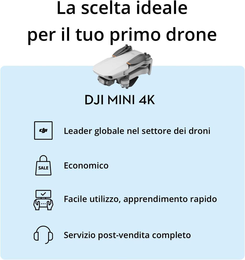 DJI Mini 4K, Drone per adulti, fotocamera 4K HD, Radiocomando RC - N1 Camera UHD < 249 g, stabilizzatore 3 assi, trasmissione video 10 km, return automatico, resistenza al vento, 1 batteria per tempo di volo 31', volo intelligente - eletrosyncstore
