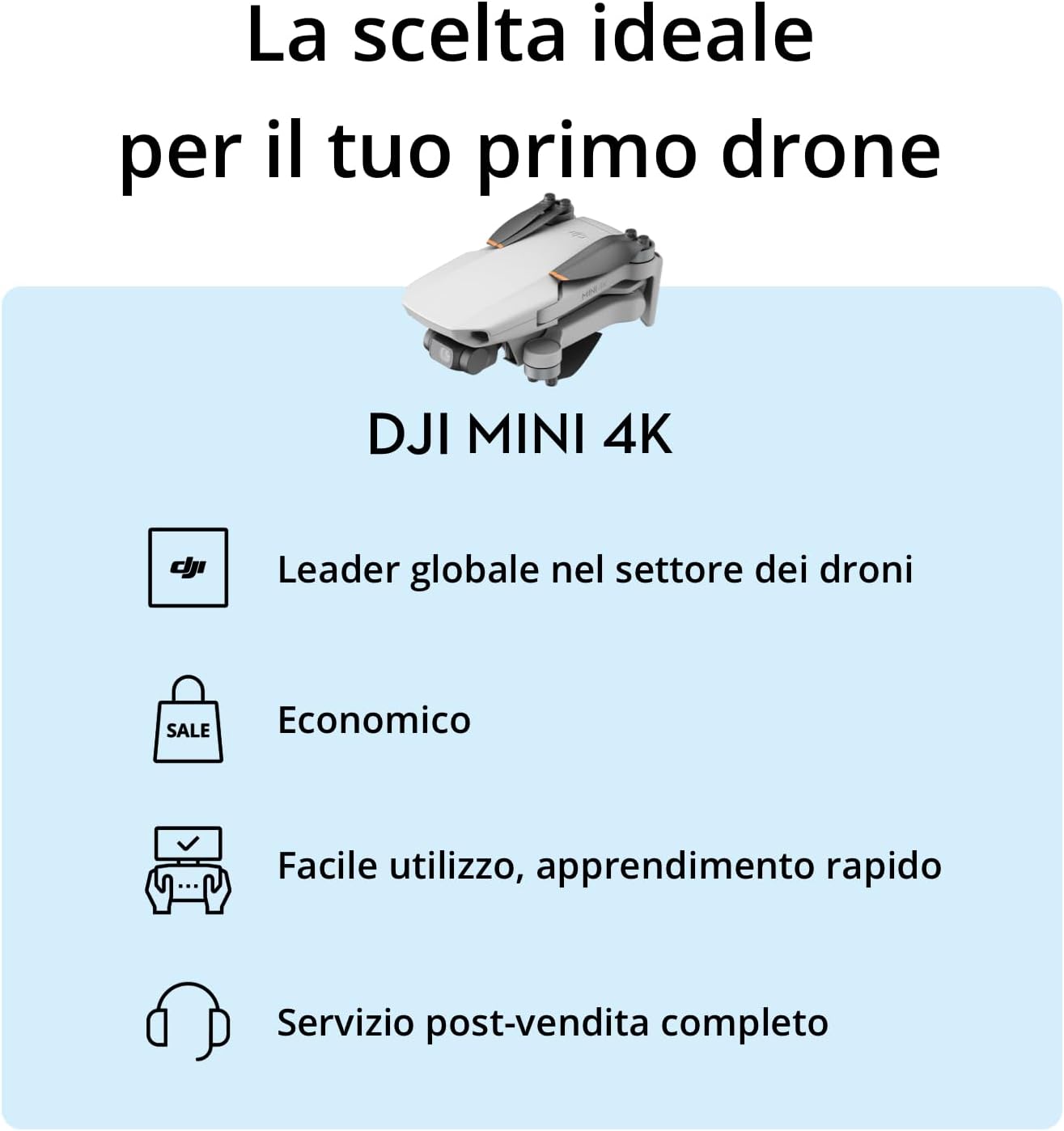 DJI Mini 4K, Drone per adulti, fotocamera 4K HD, Radiocomando RC - N1 Camera UHD < 249 g, stabilizzatore 3 assi, trasmissione video 10 km, return automatico, resistenza al vento, 1 batteria per tempo di volo 31', volo intelligente - eletrosyncstore